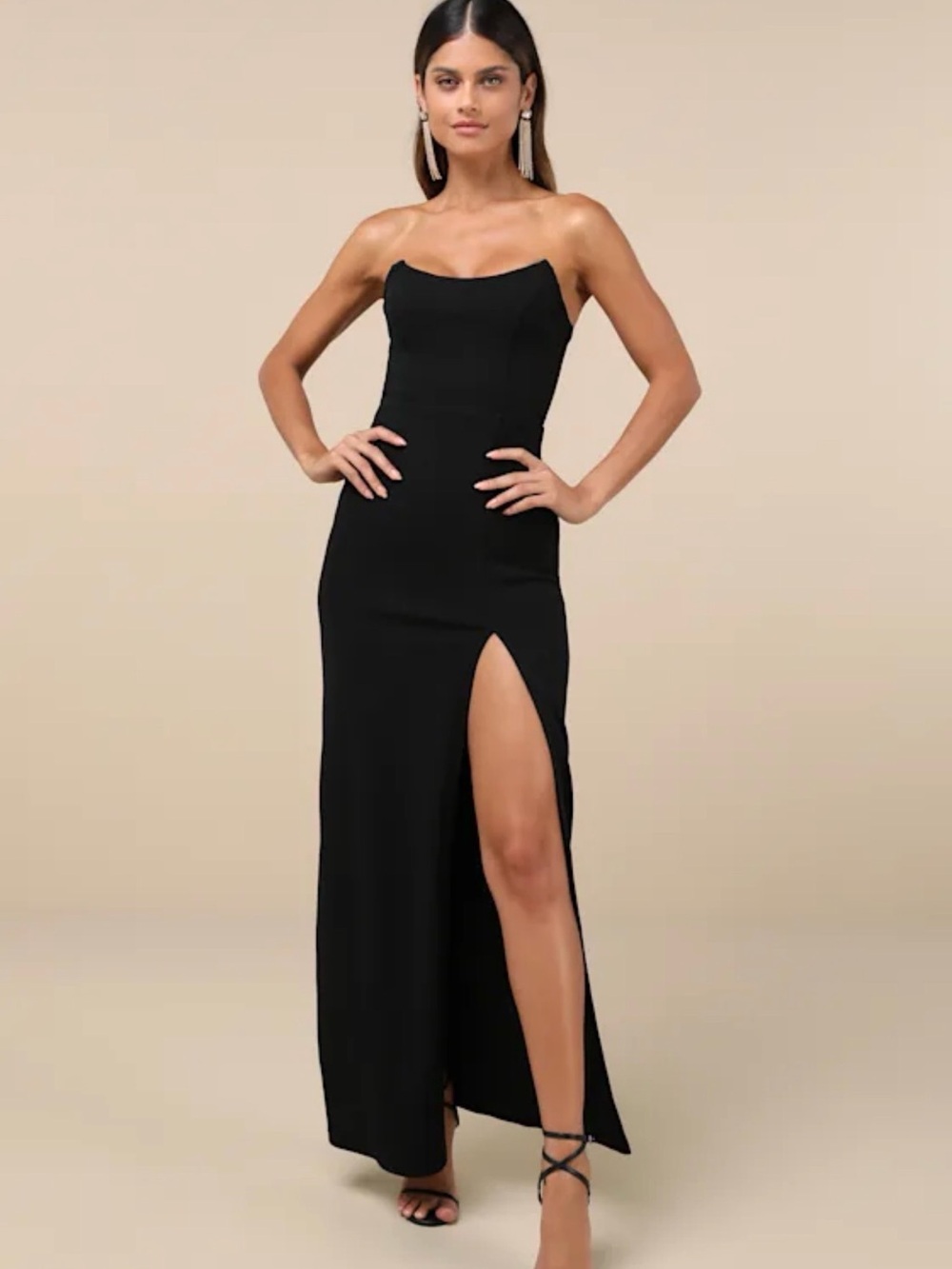 Lulu's Strapless Black Side-Slit Evening Gown
